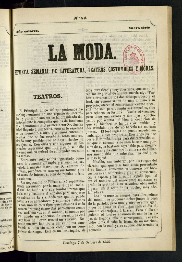 Miniatura de La Moda : revista semanal de literatura, teatros, costumbres y moda del 7 de octubre de 1855