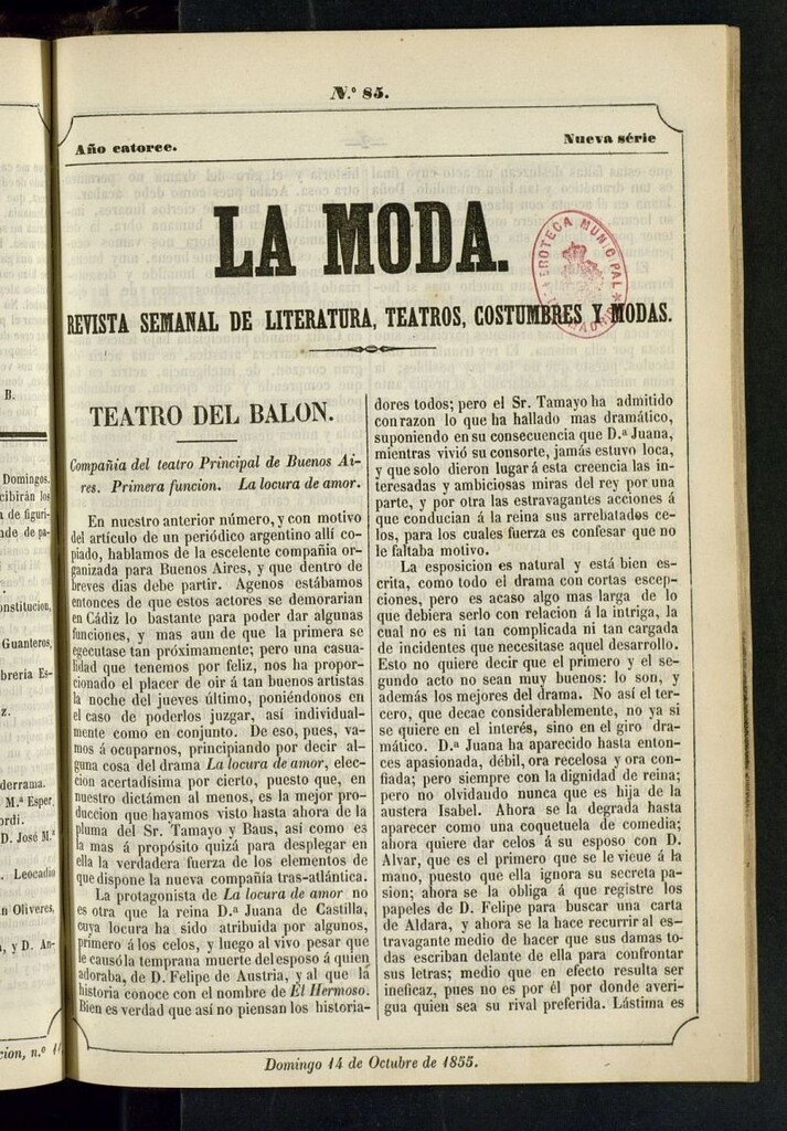 Miniatura de La Moda : revista semanal de literatura, teatros, costumbres y moda del 14 de octubre de 1855