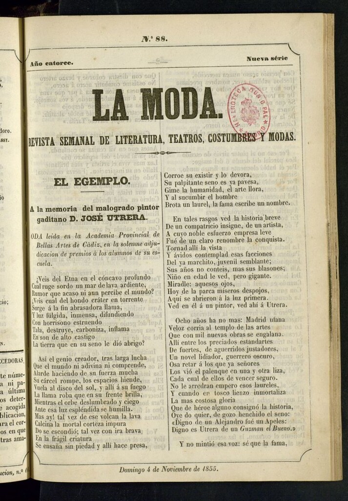 Miniatura de La Moda : revista semanal de literatura, teatros, costumbres y moda del 4 de noviembre de 1855