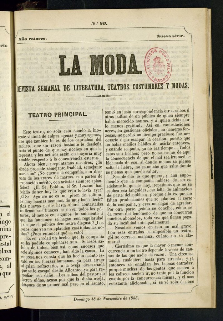 Miniatura de La Moda : revista semanal de literatura, teatros, costumbres y moda del 18 de noviembre de 1855