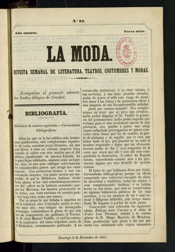 Miniatura de La Moda : revista semanal de literatura, teatros, costumbres y moda del 2 de diciembre de 1855