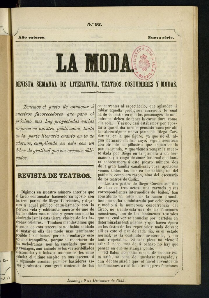 Miniatura de La Moda : revista semanal de literatura, teatros, costumbres y moda del 9 de diciembre de 1855