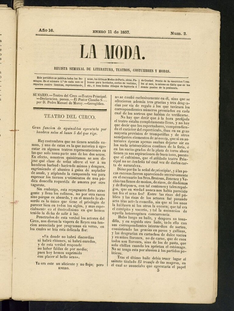 Miniatura de La Moda : revista semanal de literatura, teatros, costumbres y modas del 11 de enero de 1857