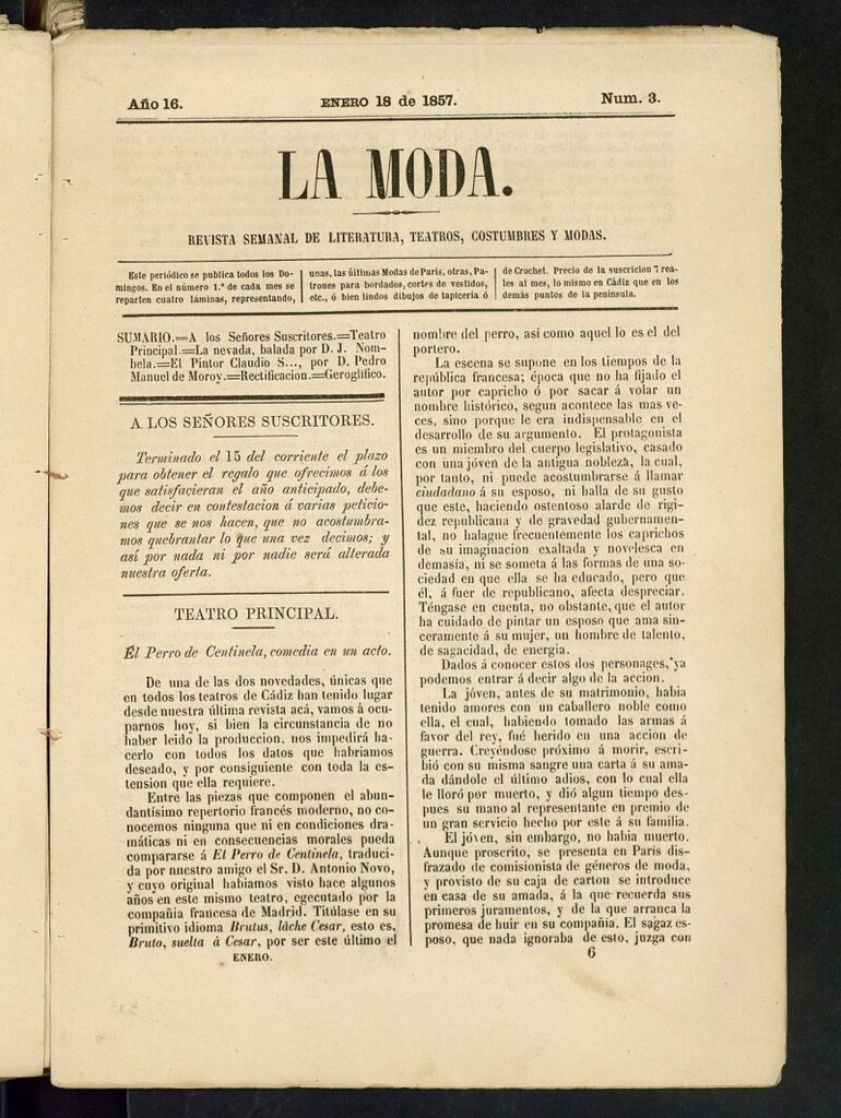 Miniatura de La Moda : revista semanal de literatura, teatros, costumbres y modasdel 18 de enero de 1857