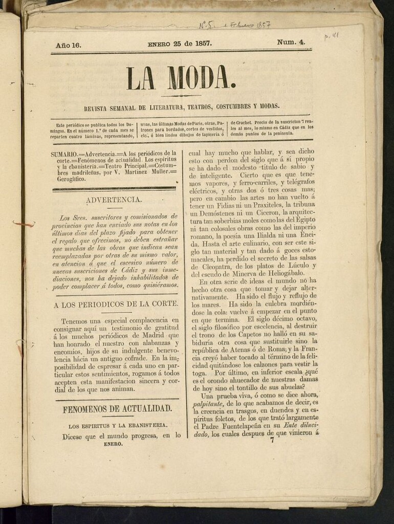 Miniatura de La Moda : revista semanal de literatura, teatros, costumbres y modas del 25 de enero de 1857
