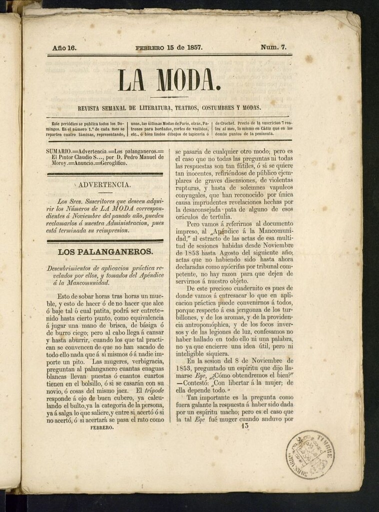 Miniatura de La Moda : revista semanal de literatura, teatros, costumbres y modas del 15 de febrero de 1857