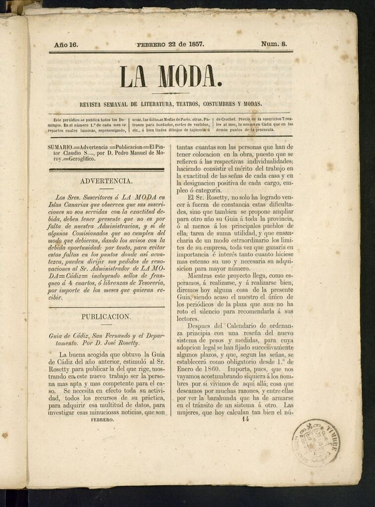 Miniatura de La Moda : revista semanal de literatura, teatros, costumbres y modas del 22 de febrero de 1857