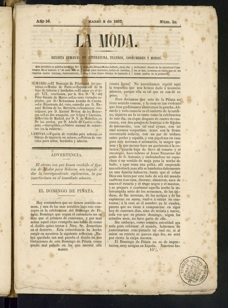Miniatura de La Moda : revista semanal de literatura, teatros, costumbres y modas del 8 de marzo de 1857