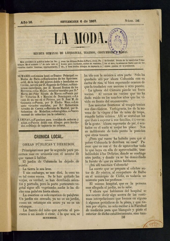 Miniatura de La Moda : revista semanal de literatura, teatros, costumbres y modas del 6 de septiembre de 1857