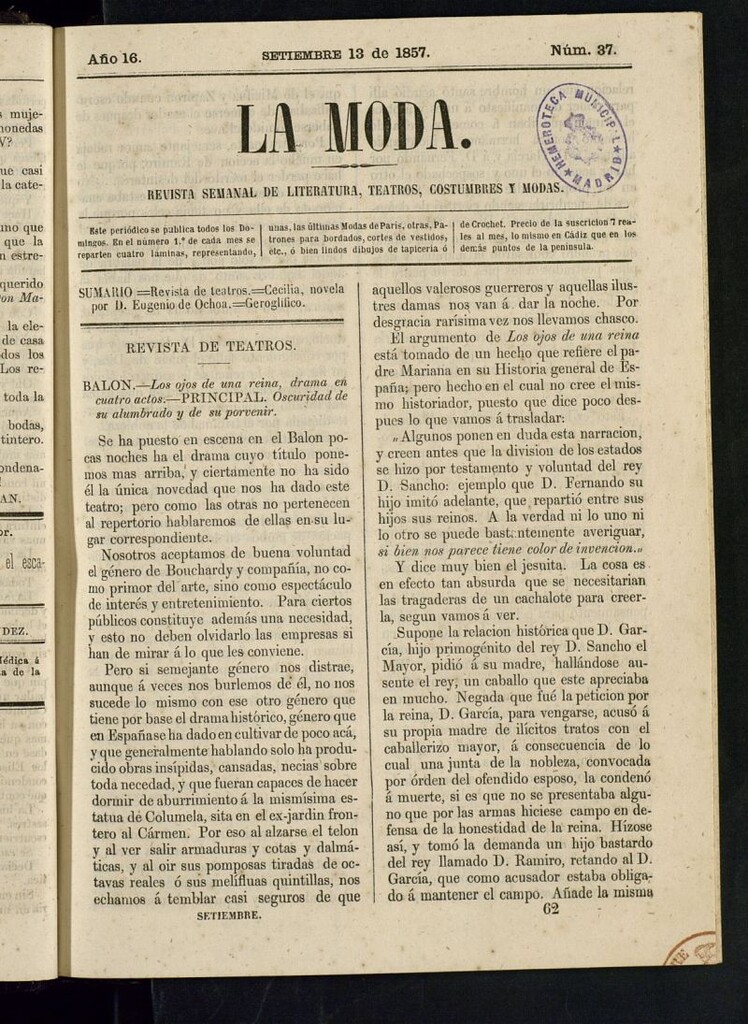 Miniatura de La Moda : revista semanal de literatura, teatros, costumbres y modas del 13 de septiembre de 1857