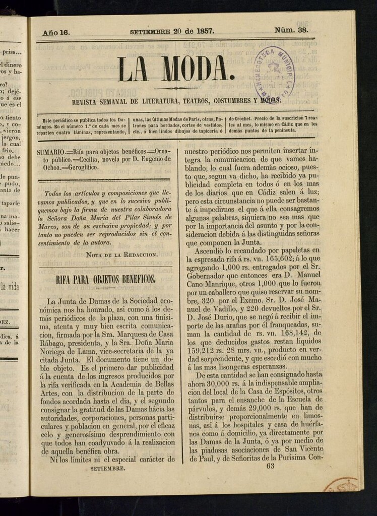 Miniatura de La Moda : revista semanal de literatura, teatros, costumbres y modas del 20 de septiembre de 1857