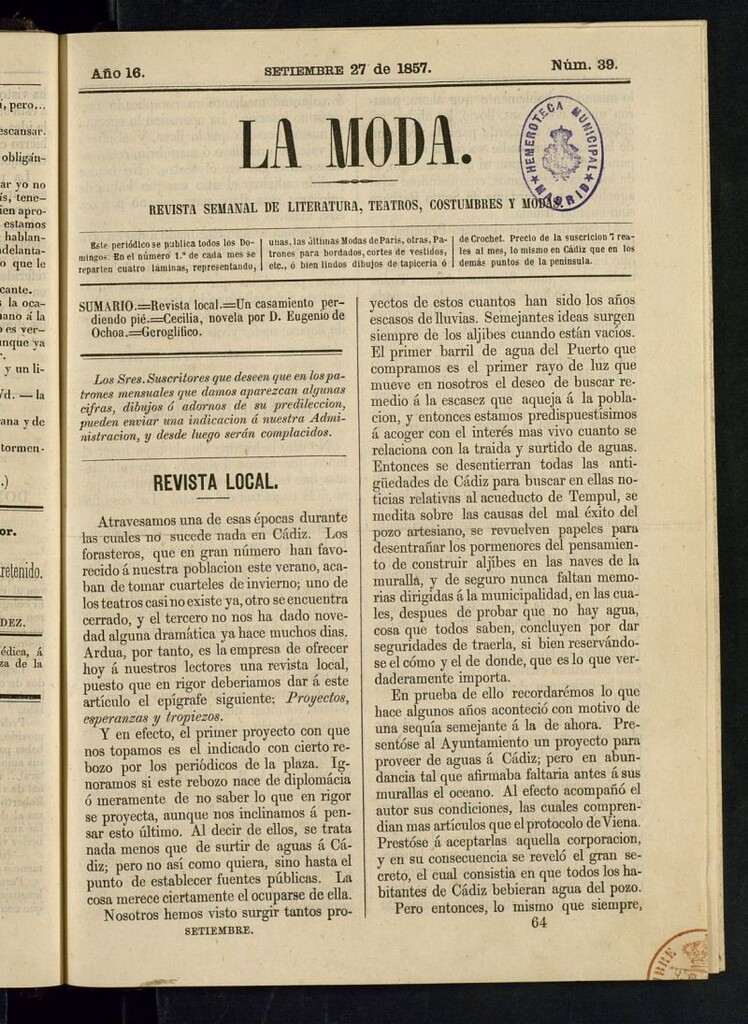 Miniatura de La Moda : revista semanal de literatura, teatros, costumbres y modas del 27 de septiembre de 1857