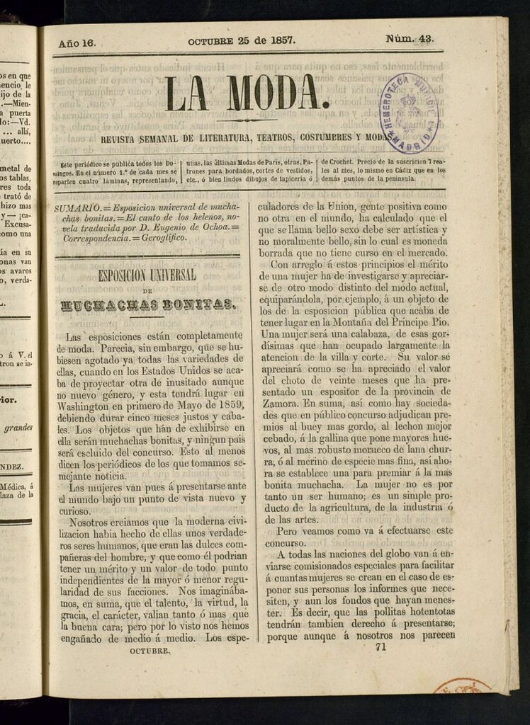 Miniatura de La Moda : revista semanal de literatura, teatros, costumbres y modas del 25 de octubre de 1857