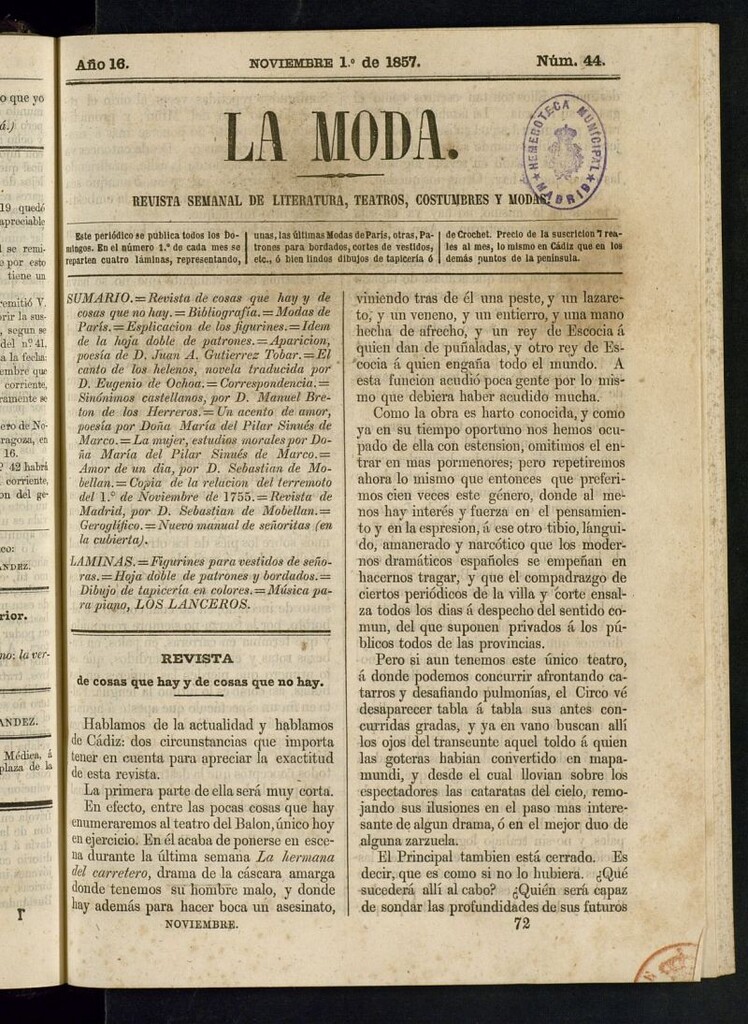 Miniatura de La Moda : revista semanal de literatura, teatros, costumbres y modas del 1 de noviembre de 1857