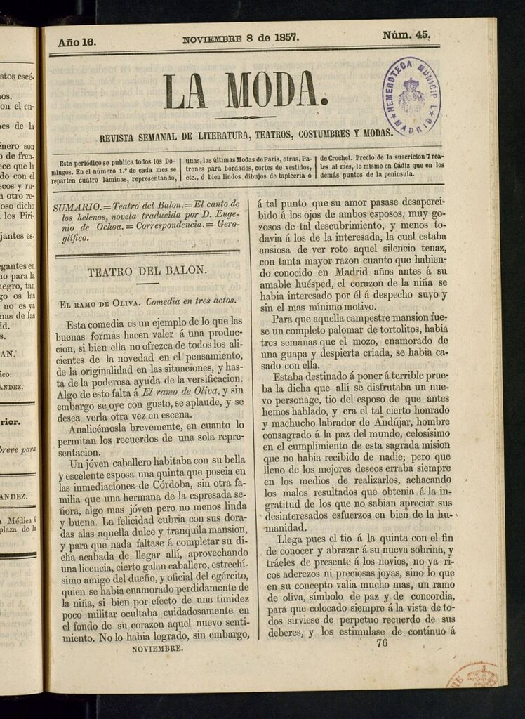 Miniatura de La Moda : revista semanal de literatura, teatros, costumbres y modas del 8 de noviembre de 1857