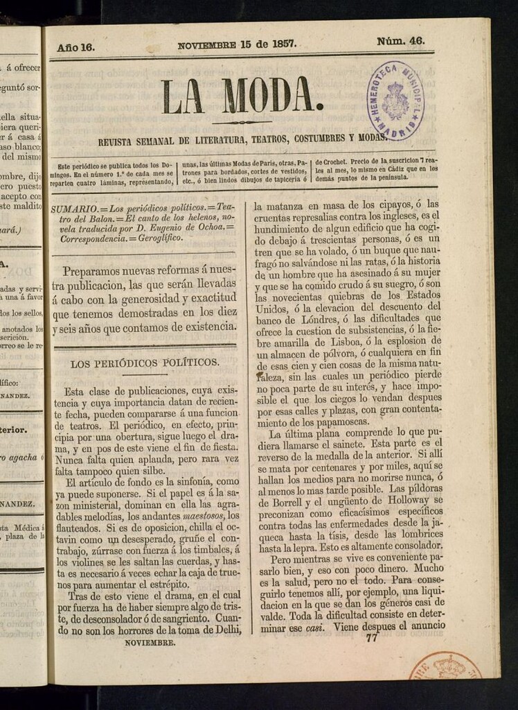Miniatura de La Moda : revista semanal de literatura, teatros, costumbres y modas del 15 de noviembre de 1857