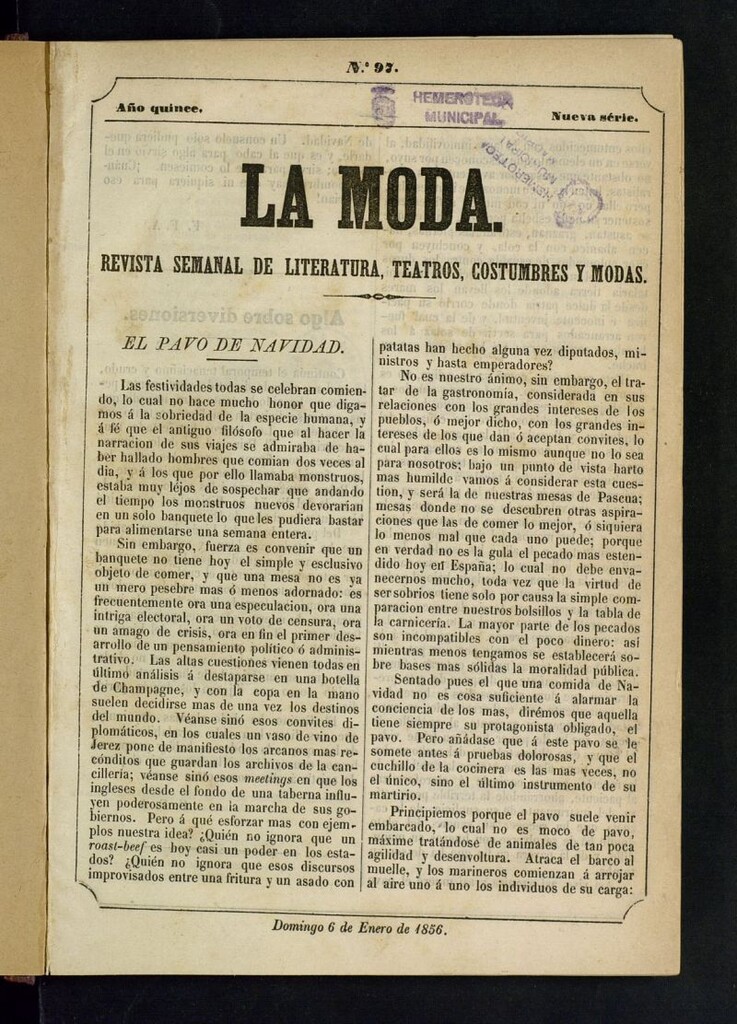 Miniatura de La Moda: revista semanal de literatura, teatros, costumbres y modas del 6 de enero de 1856