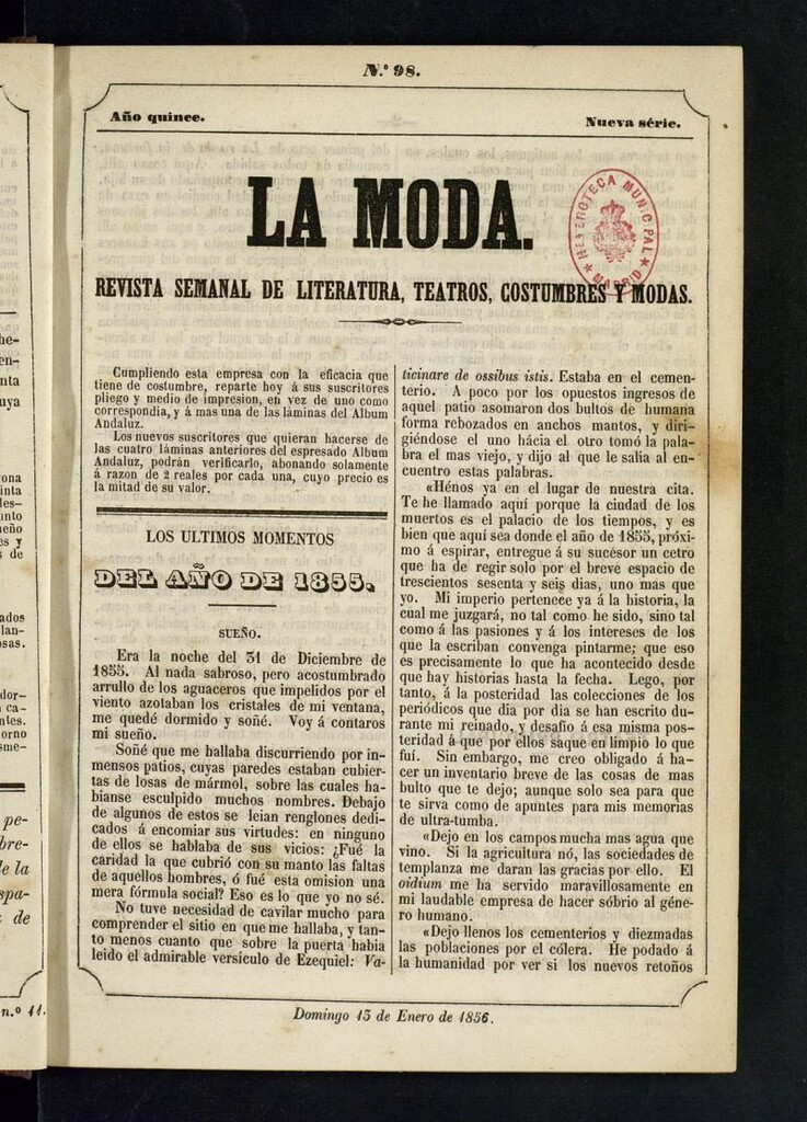 Miniatura de La Moda: revista semanal de literatura, teatros, costumbres y modas del 13 de enero de 1856