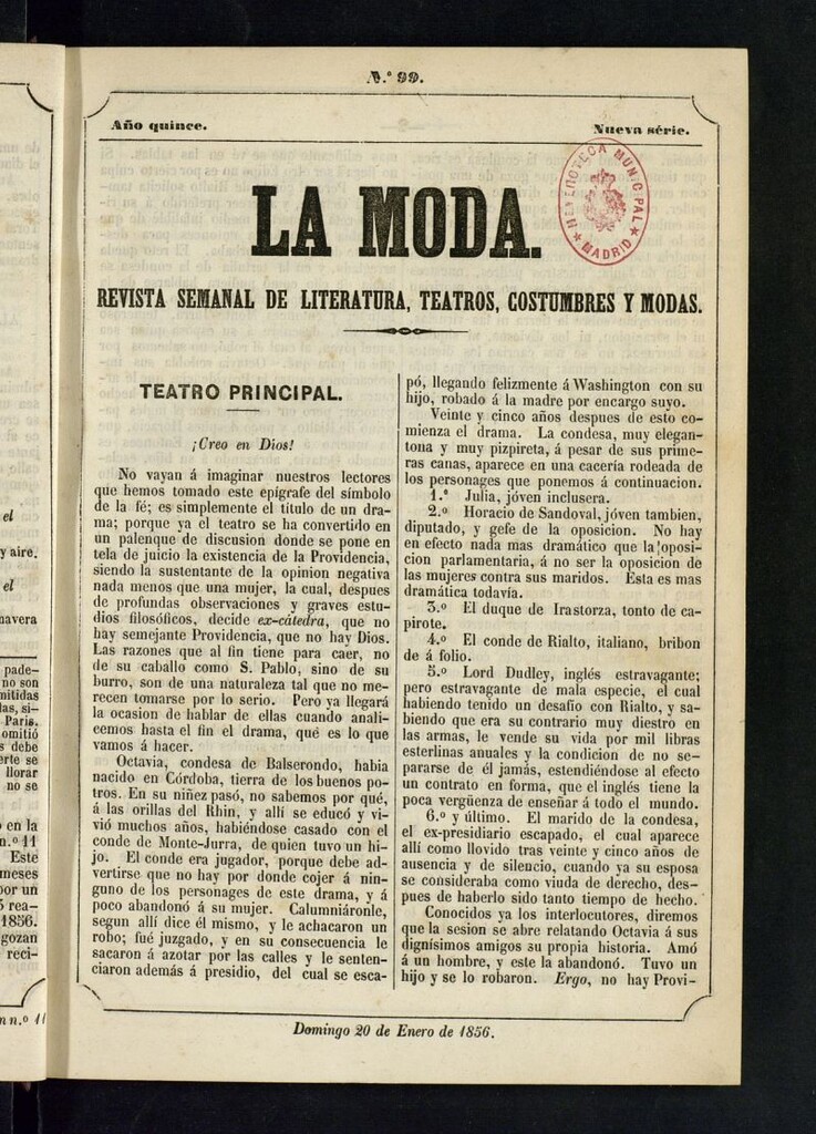 Miniatura de La Moda: revista semanal de literatura, teatros, costumbres y modas del 20 de enero de 1856