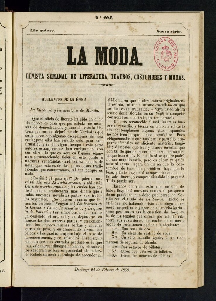 Miniatura de La Moda: revista semanal de literatura, teatros, costumbres y modas del 24 de febrero de 1856