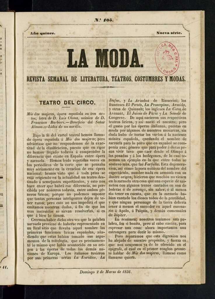 Miniatura de La Moda: revista semanal de literatura, teatros, costumbres y modas del 2 de marzo de 1856