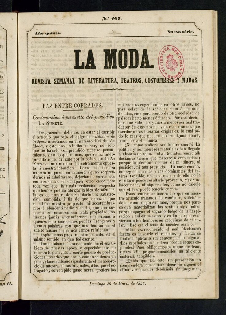 Miniatura de La Moda: revista semanal de literatura, teatros, costumbres y modas del 16 de marzo de 1856