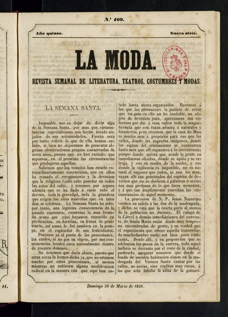 Miniatura de La Moda: revista semanal de literatura, teatros, costumbres y modas del 30 de marzo de 1856