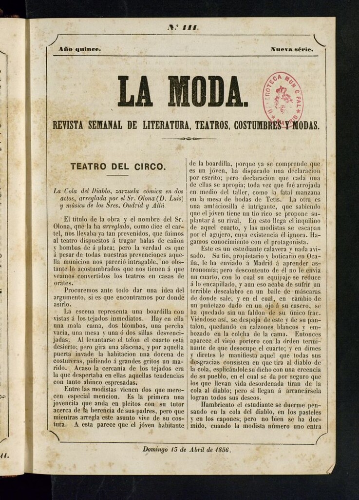 Miniatura de La Moda: revista semanal de literatura, teatros, costumbres y modas del 13 de abril de 1856