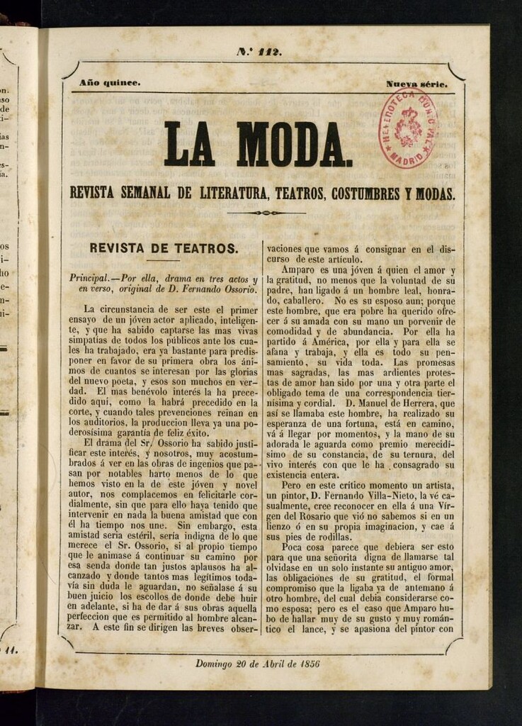 Miniatura de La Moda: revista semanal de literatura, teatros, costumbres y modas del 20 de abril de 1856