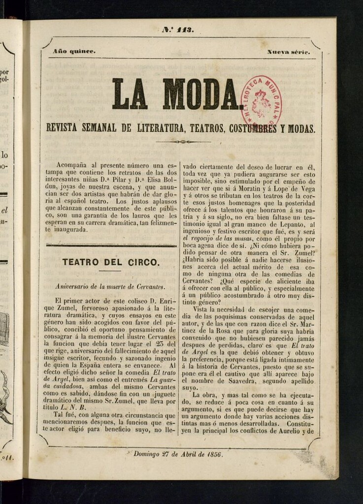 Miniatura de La Moda: revista semanal de literatura, teatros, costumbres y modas del 27 de abril de 1856