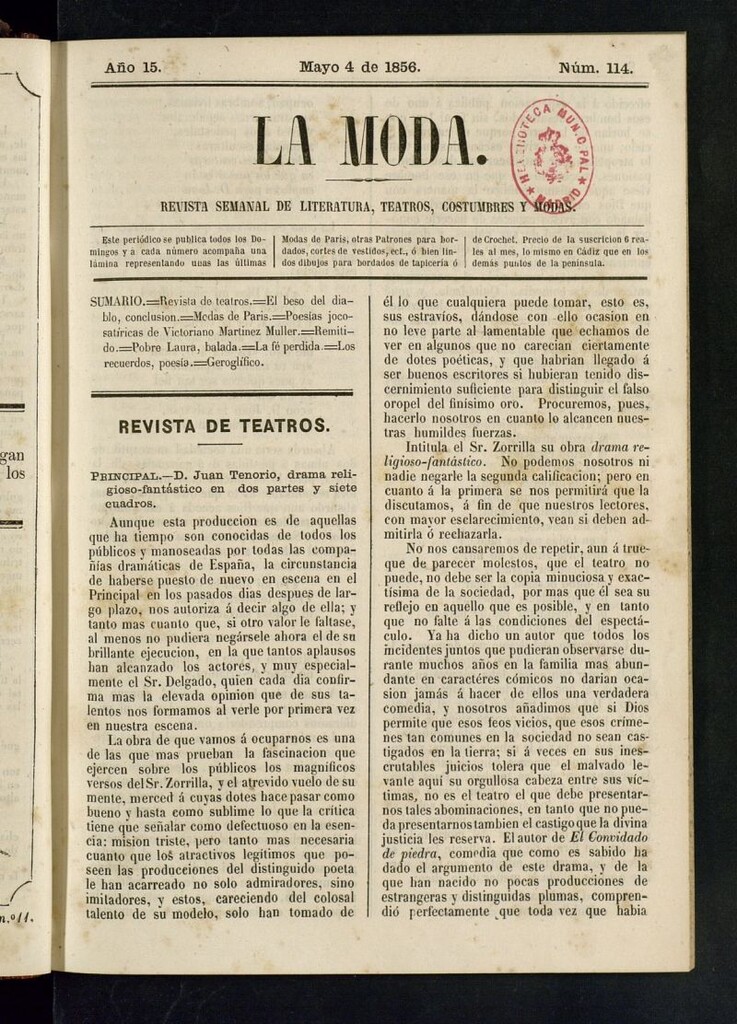 Miniatura de La Moda: revista semanal de literatura, teatros, costumbres y modas del 4 de mayo de 1856