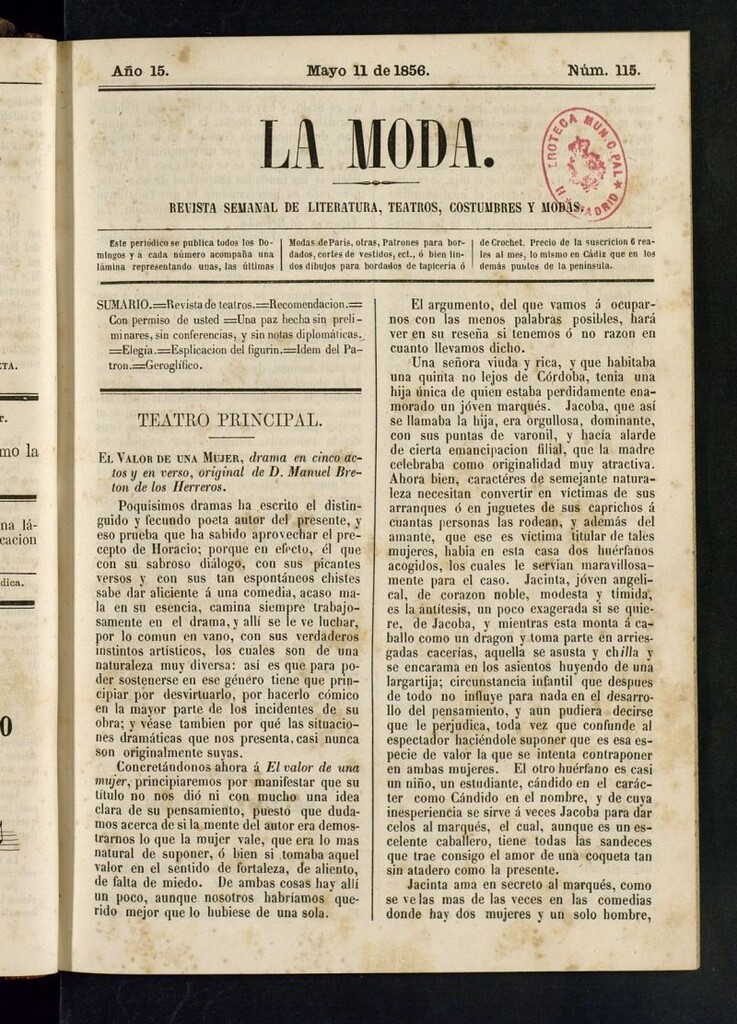 Miniatura de La Moda: revista semanal de literatura, teatros, costumbres y modas del 11 de mayo de 1856
