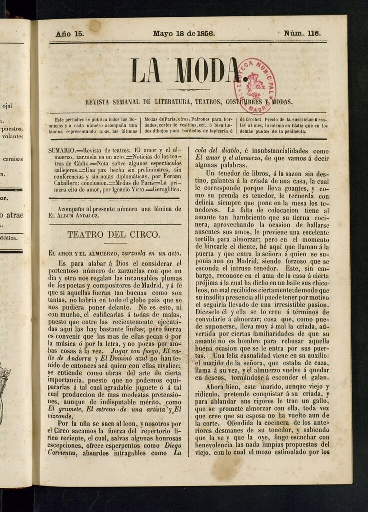 Miniatura de La Moda: revista semanal de literatura, teatros, costumbres y modas del 18 de mayo de 1856