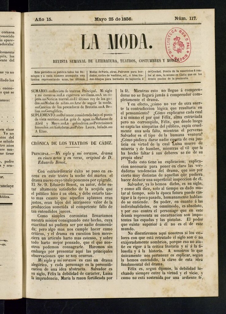 Miniatura de La Moda: revista semanal de literatura, teatros, costumbres y modas del 25 de mayo de 1856