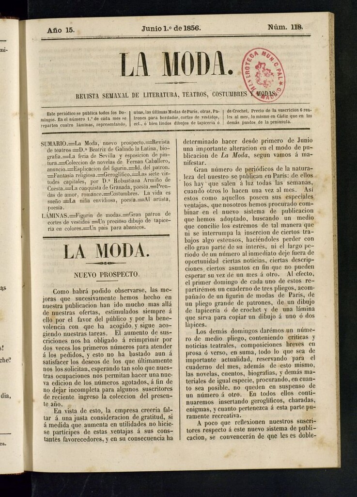 Miniatura de La Moda: revista semanal de literatura, teatros, costumbres y modas del 1 de junio de 1856