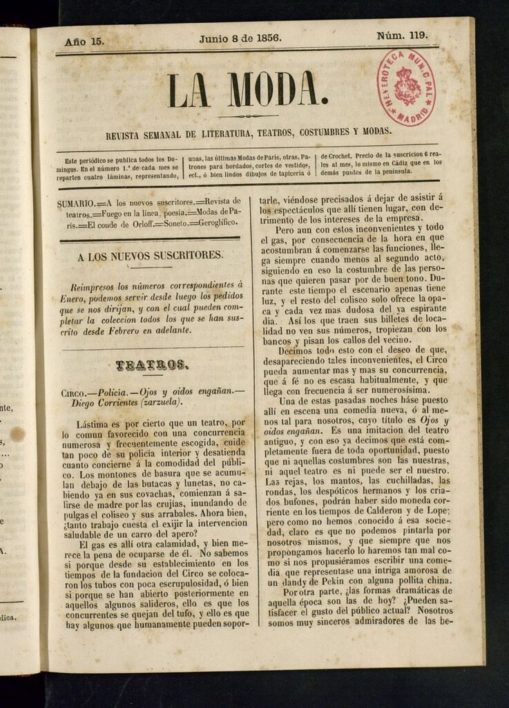 Miniatura de La Moda: revista semanal de literatura, teatros, costumbres y modas del 8 de junio de 1856