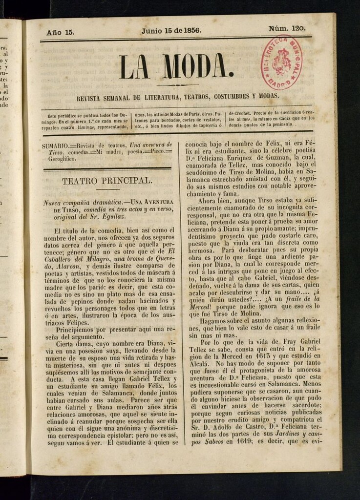 Miniatura de La Moda: revista semanal de literatura, teatros, costumbres y modas del 15 de junio de 1856
