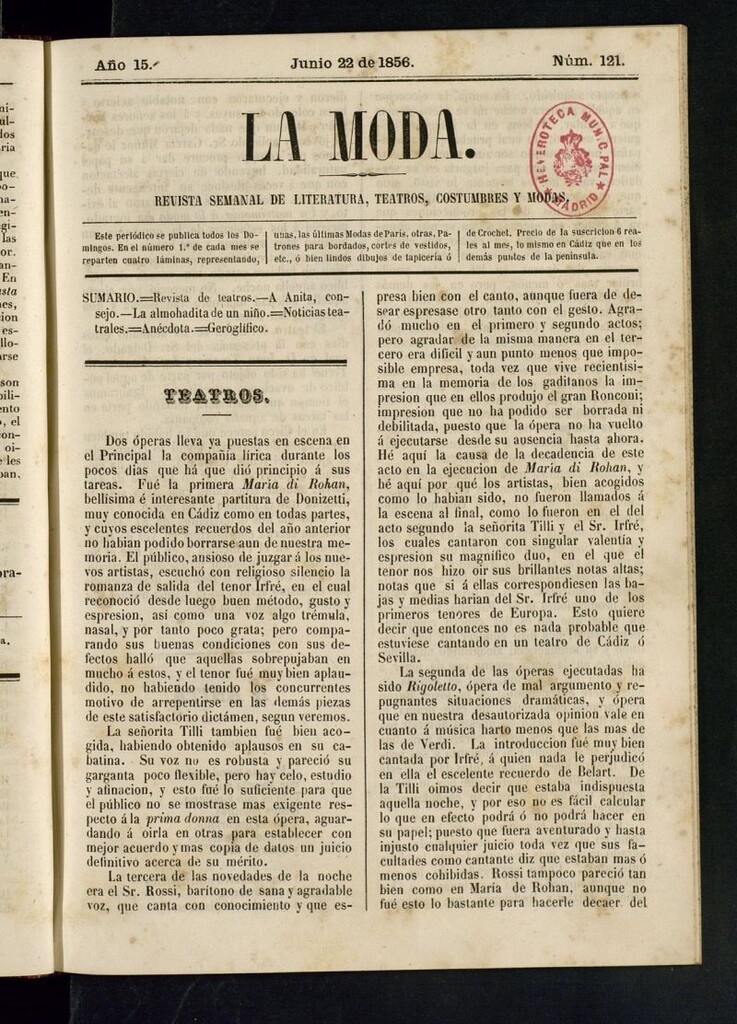 Miniatura de La Moda: revista semanal de literatura, teatros, costumbres y modas del 22 de junio de 1856