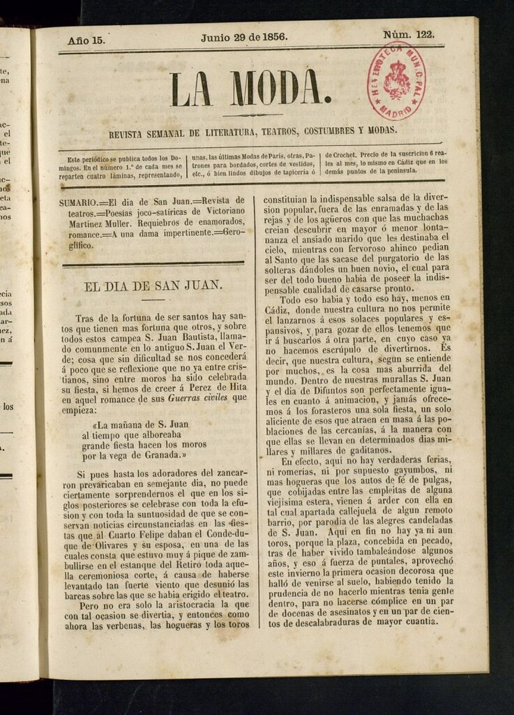 Miniatura de La Moda: revista semanal de literatura, teatros, costumbres y modas del 29 de junio de 1856