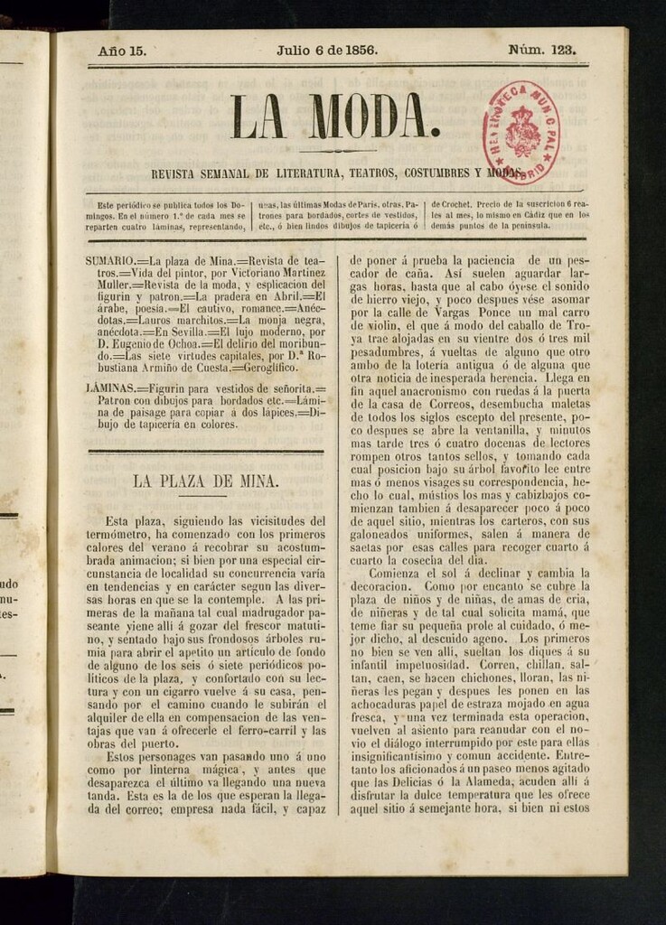 Miniatura de La Moda: revista semanal de literatura, teatros, costumbres y modas del 6 de julio de 1856