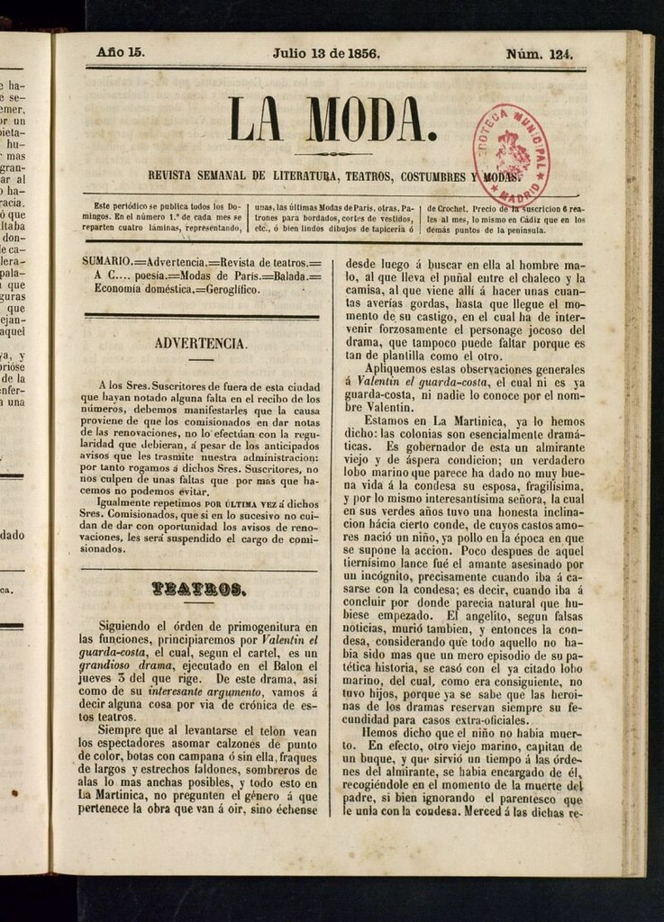 Miniatura de La Moda: revista semanal de literatura, teatros, costumbres y modas del 13 de julio de 1856