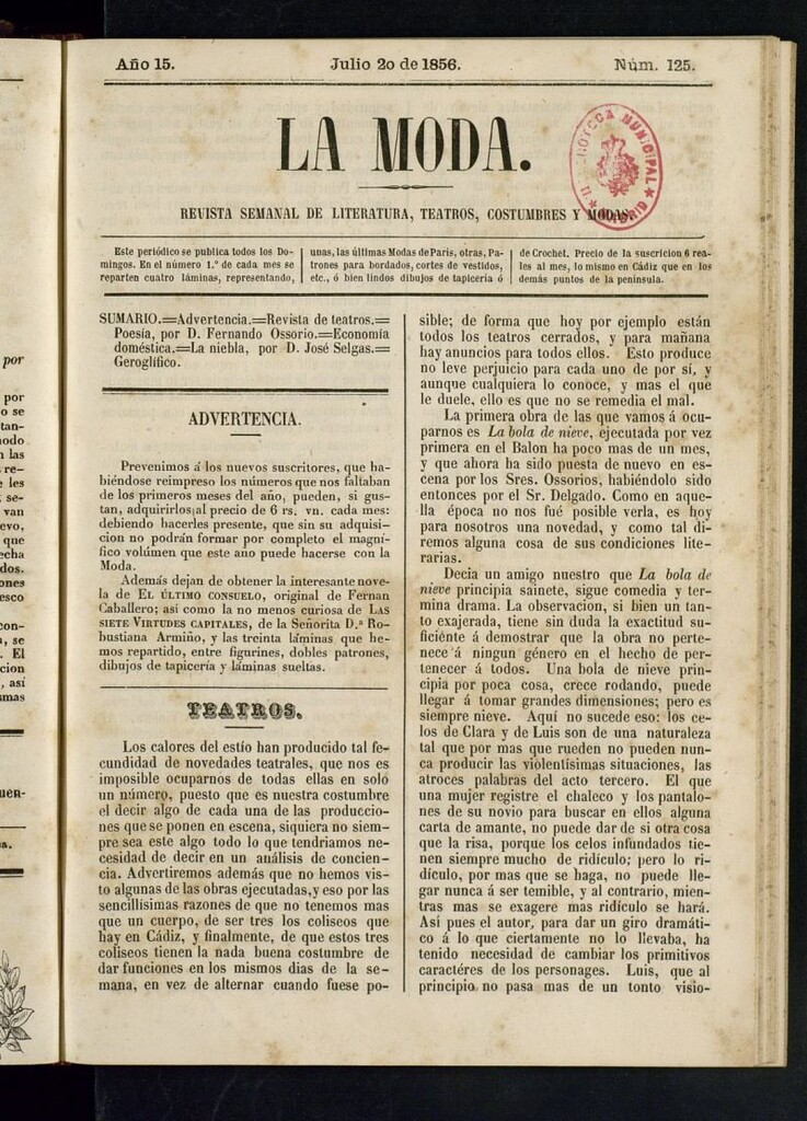 Miniatura de La Moda: revista semanal de literatura, teatros, costumbres y modas del 20 de julio de 1856