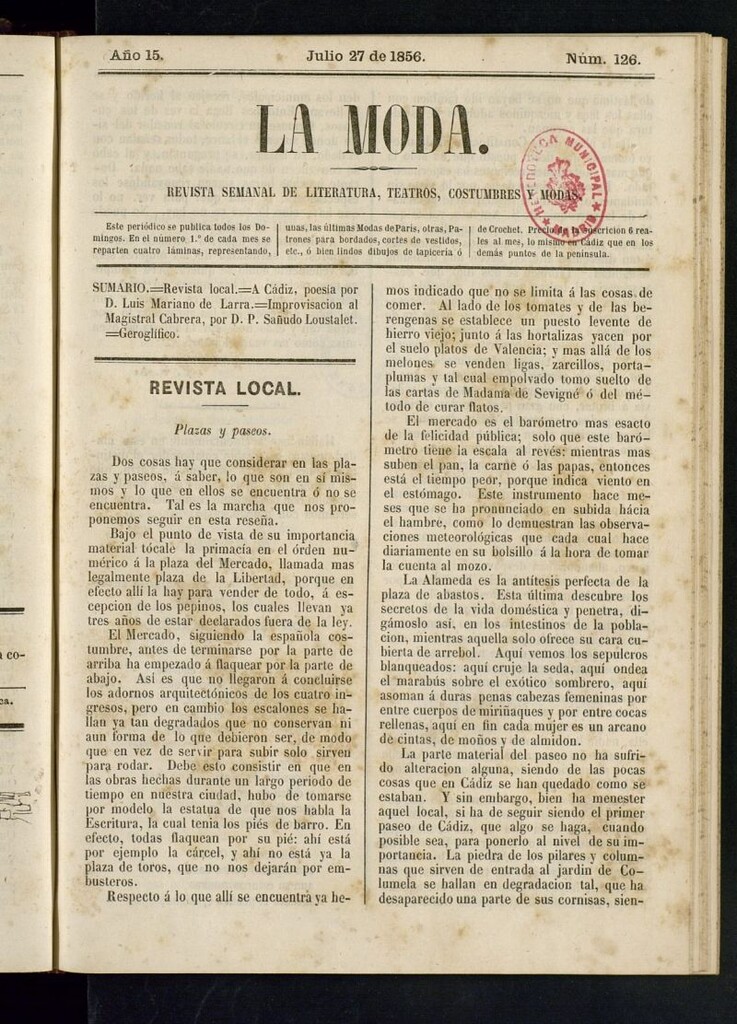 Miniatura de La Moda: revista semanal de literatura, teatros, costumbres y modas del 27 de julio de 1856