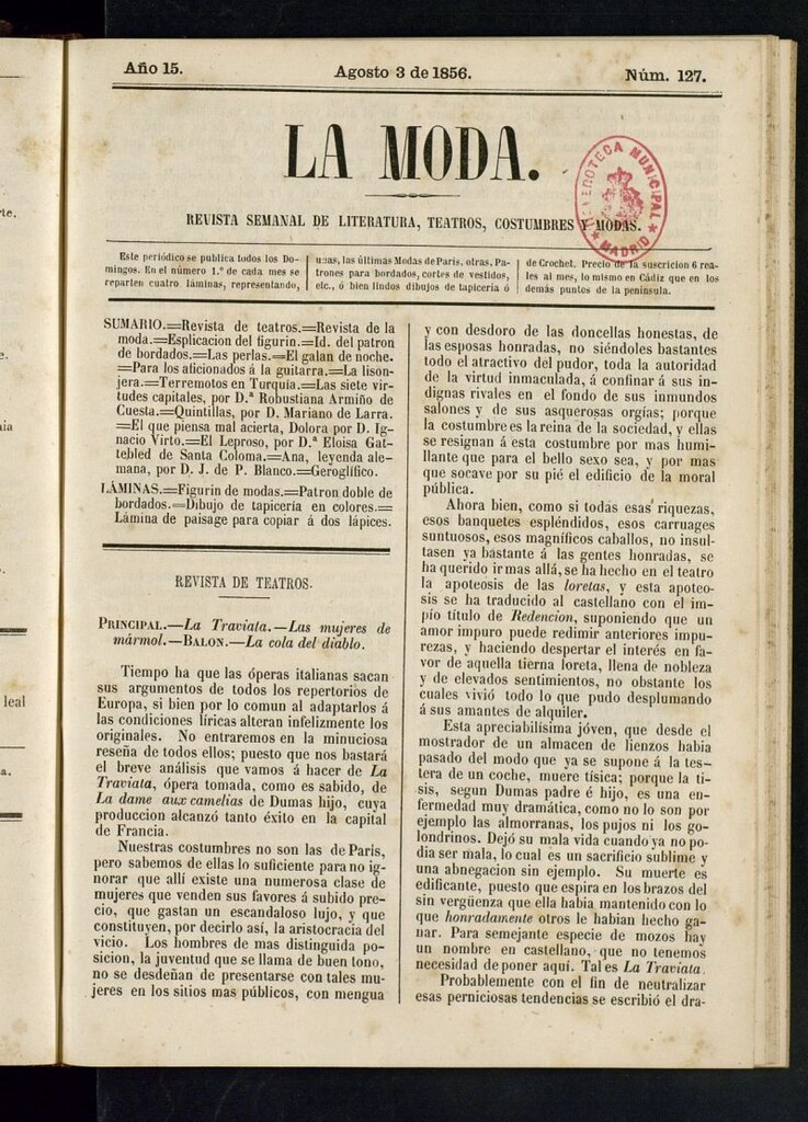 Miniatura de La Moda: revista semanal de literatura, teatros, costumbres y modas del 3 de agosto de 1856