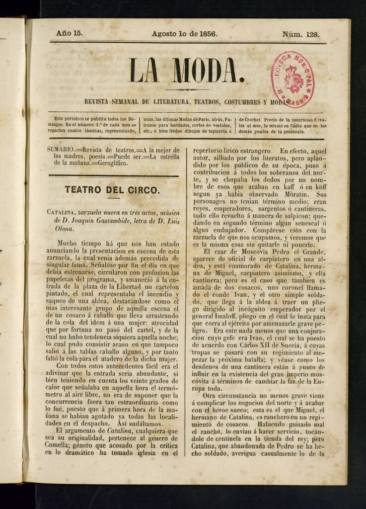Miniatura de La Moda: revista semanal de literatura, teatros, costumbres y modas del 10 de agosto de 1856