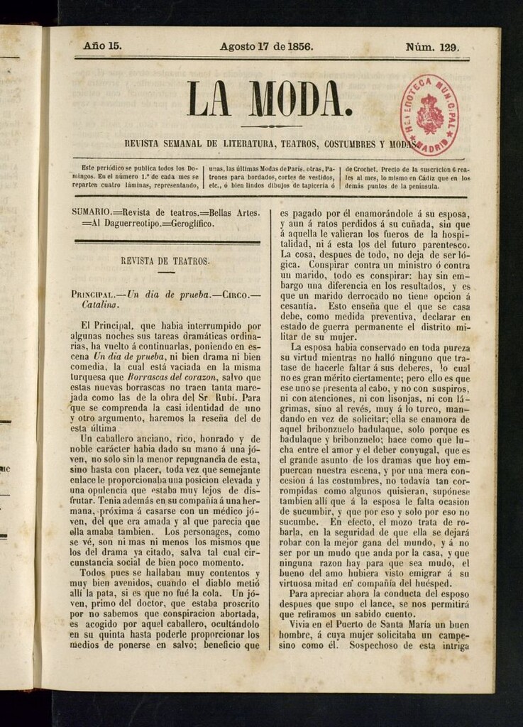 Miniatura de La Moda: revista semanal de literatura, teatros, costumbres y modas del 17 de agosto de 1856