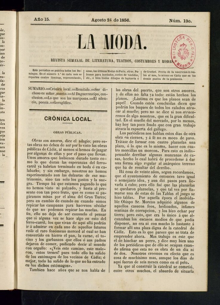 Miniatura de La Moda: revista semanal de literatura, teatros, costumbres y modas del 24 de agosto de 1856