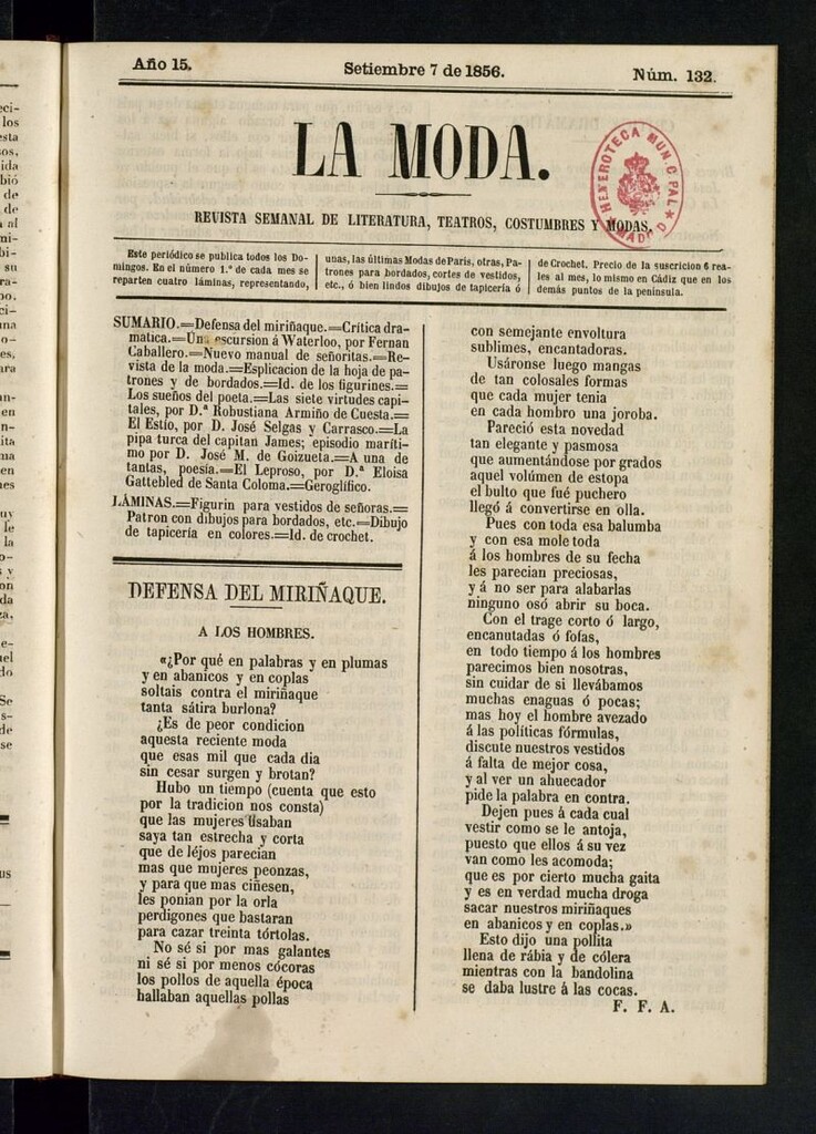 Miniatura de La Moda: revista semanal de literatura, teatros, costumbres y modas del 7 de septiembre de 1856