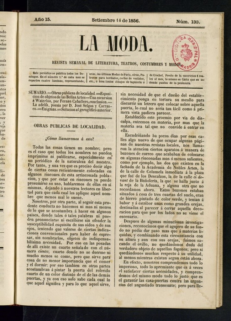 Miniatura de La Moda: revista semanal de literatura, teatros, costumbres y modas del 14 de septiembre de 1856