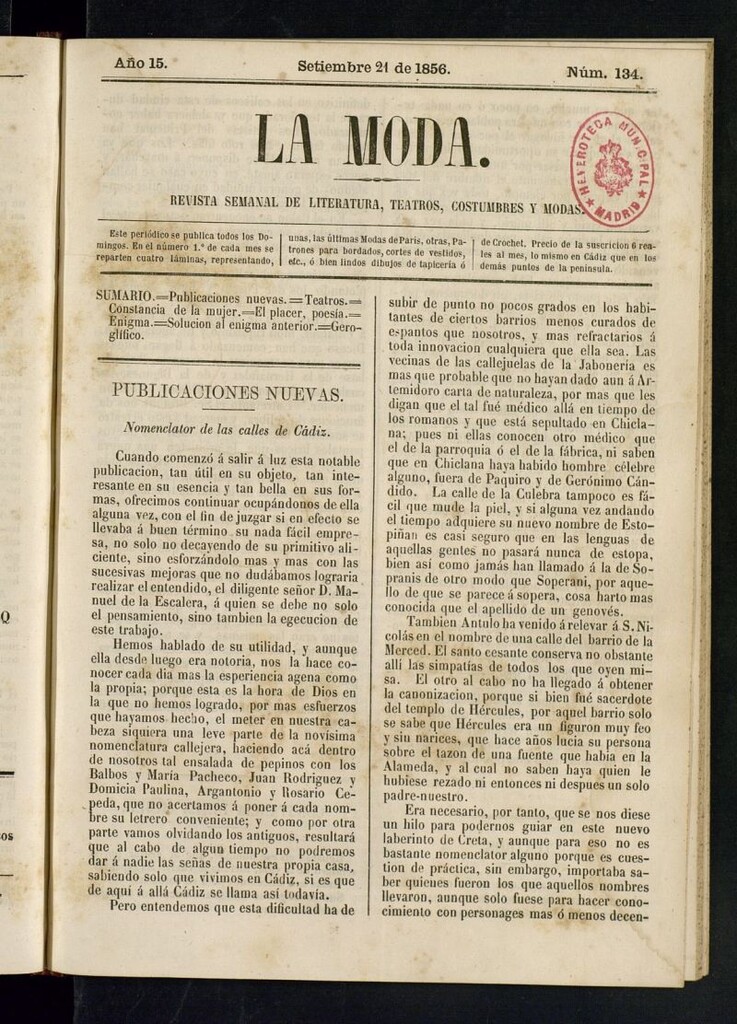 Miniatura de La Moda: revista semanal de literatura, teatros, costumbres y modas del 21 de septiembre de 1856
